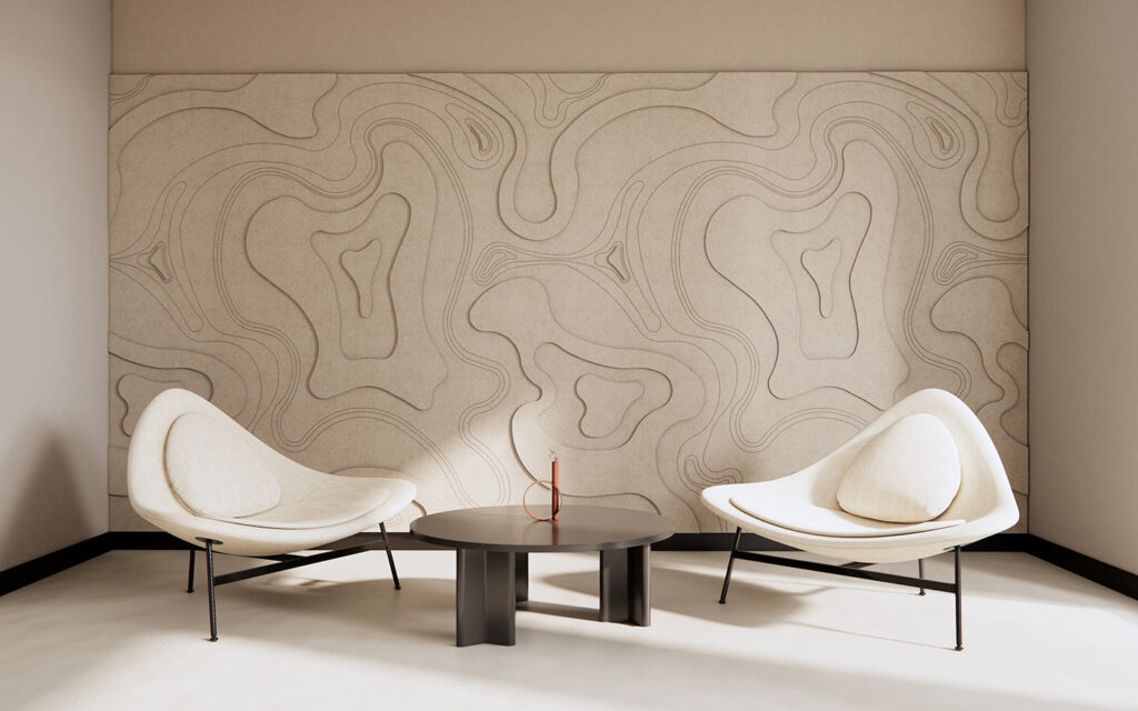 Dallal acoustic wall panels with a layered sand-dune-inspired pattern